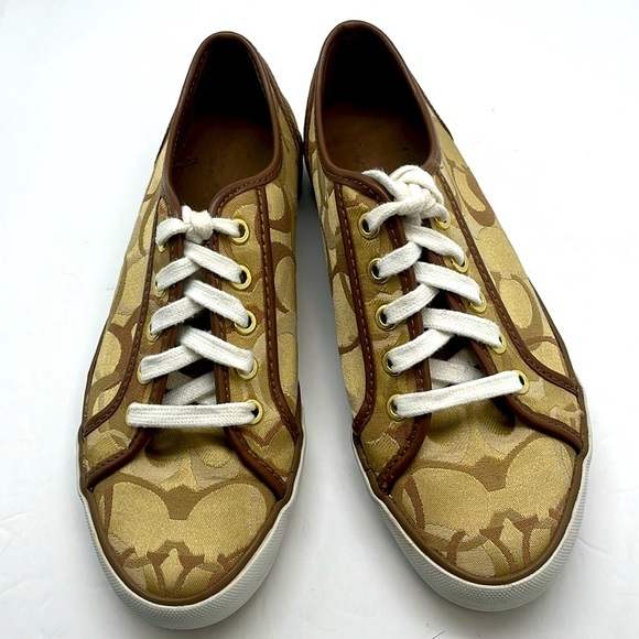 Coach Dee Logo Tennis Shoe Lace Up Brown Sneaker Size 7B Athletic Preppy Retro - Picture 1 of 17